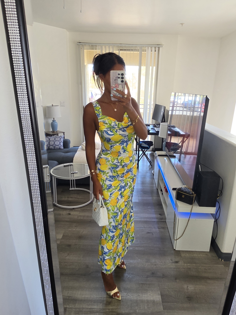 Lemon Print Sleeveless Maxi Dress - White/Yellow Very Stretchy - Picture 14 of 17